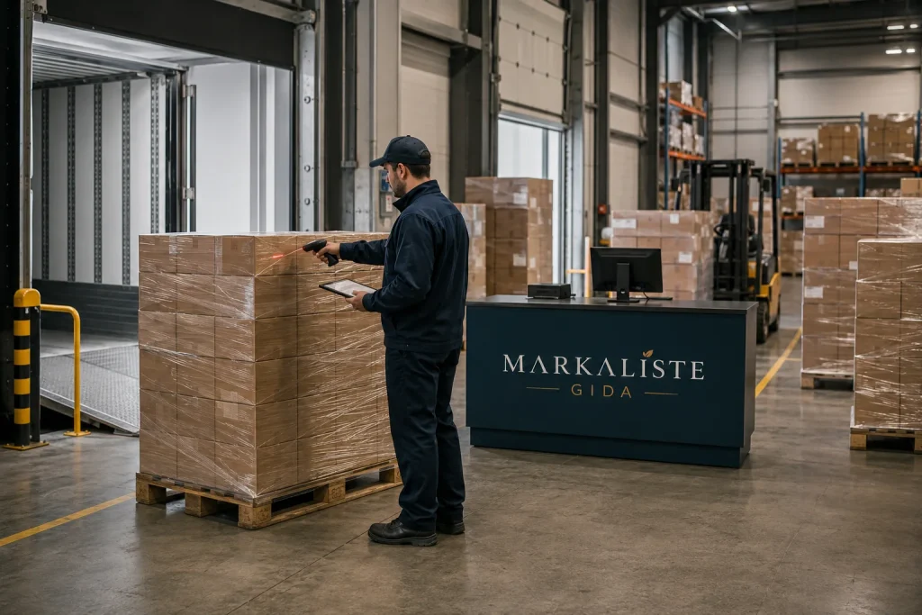 Сотрудник Markaliste сканирует штрихкод на складе для контроля поставки продукции