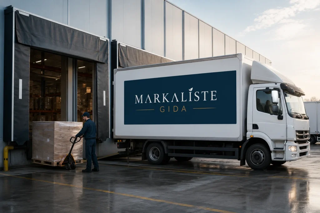 Сотрудник службы доставки загружает грузовик с логотипом Markaliste